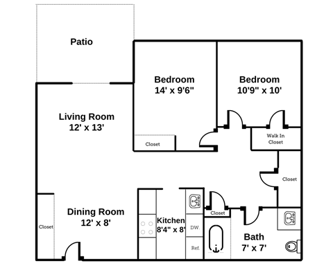 Floor plan for 2 beds, 1 bath, 746 sqft